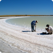 Natural salt lake evaporation basin near Wongan Hills, Western Australia showing crystalline salt