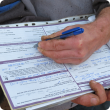 Photo of a person completing a sheep NVD form.